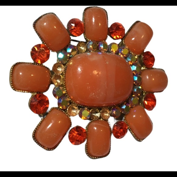 BEAUTIFUL vintage orange brooch pin with gold and iridescent rhinestones - Picture 2 of 7